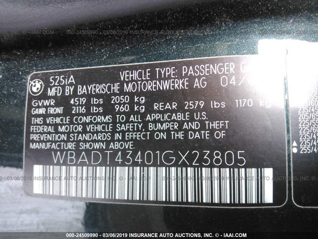 WBADT43401GX23805 - 2001 BMW 525 I AUTOMATIC GREEN photo 9
