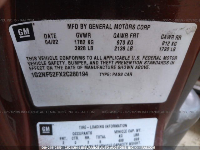 1G2NF52FX2C280194 - 2002 PONTIAC GRAND AM SE1 BURGUNDY photo 9