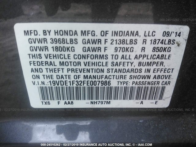 19VDE1F32FE007986 - 2015 ACURA ILX 20 GRAY photo 9