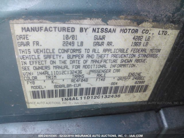 1N4AL11D12C132436 - 2002 NISSAN ALTIMA S/SL GREEN photo 9