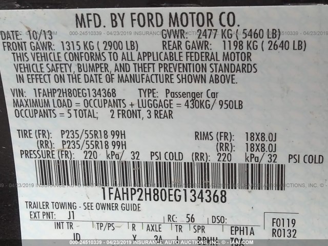 1FAHP2H80EG134368 - 2014 FORD TAURUS SEL BLACK photo 9