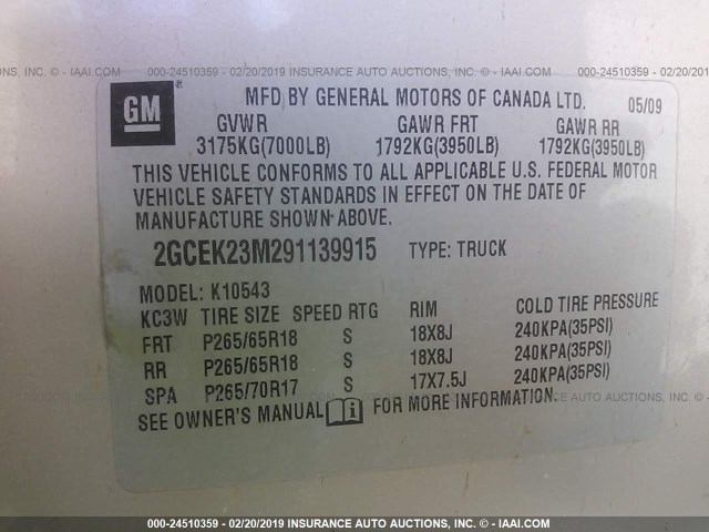 2GCEK23M291139915 - 2009 CHEVROLET SILVERADO K1500 LT GRAY photo 9