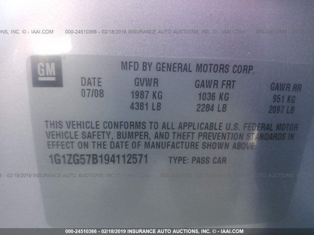 1G1ZG57B194112571 - 2009 CHEVROLET MALIBU LS GRAY photo 9