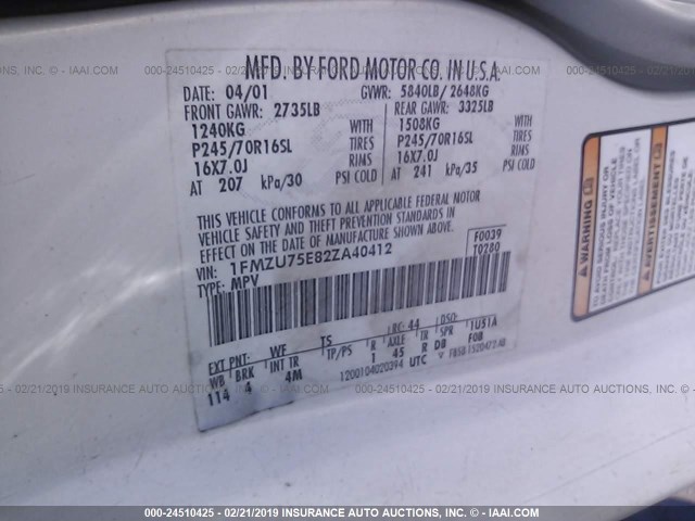 1FMZU75E82ZA40412 - 2002 FORD EXPLORER LIMITED WHITE photo 9