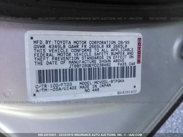 JT8BF28G6Y0238482 - 2000 LEXUS ES 300 SILVER photo 9