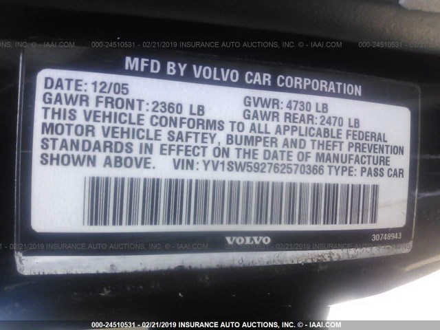 YV1SW592762570366 - 2006 VOLVO V70 2.5T BLACK photo 9