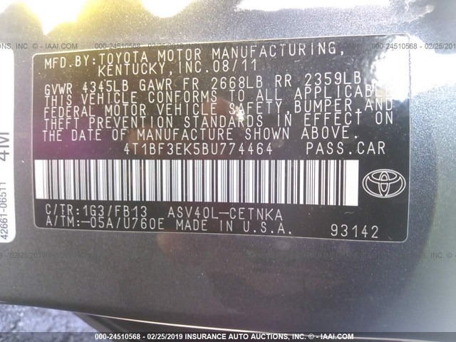 4T1BF3EK5BU774464 - 2011 TOYOTA CAMRY SE/LE/XLE 灰色 照片 9