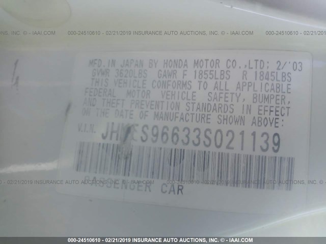 JHMES96633S021139 - 2003 HONDA CIVIC HYBRID WHITE photo 9