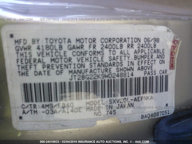 JT2BG22K9W0248814 - 1998 TOYOTA CAMRY CE/LE/XLE GOLD photo 9