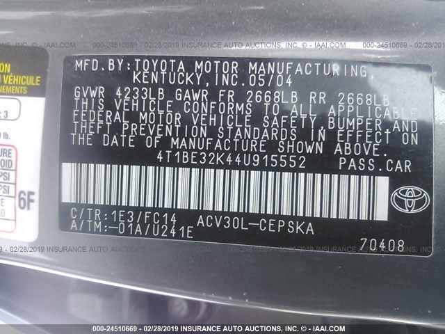 4T1BE32K44U915552 - 2004 TOYOTA CAMRY LE/XLE/SE GRAY photo 9