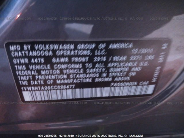 1VWBH7A30CC035477 - 2012 VOLKSWAGEN PASSAT SE GRAY photo 9