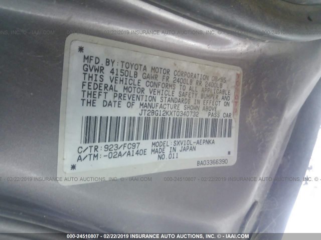 JT2BG12KXT0340732 - 1996 TOYOTA CAMRY DX/LE/XLE GRAY photo 9