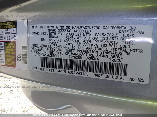 5TETX4CN9AZ690033 - 2010 TOYOTA TACOMA ACCESS CAB ვერცხლისფერი ფოტო 9