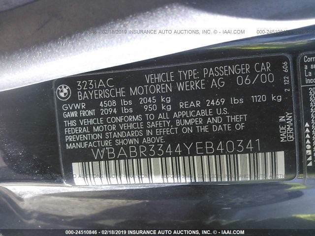 WBABR3344YEB40341 - 2000 BMW 323 CI BLACK photo 9