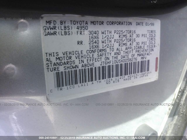 JT6HF10U5X0058276 - 1999 LEXUS RX 300 SILVER photo 9