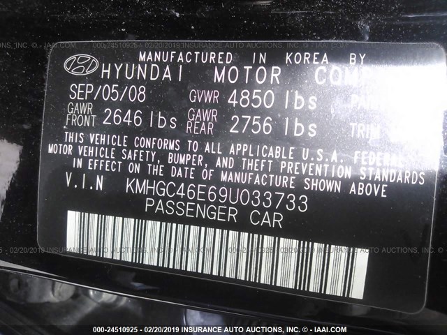 KMHGC46E69U033733 - 2009 HYUNDAI GENESIS 3.8L BLACK photo 9