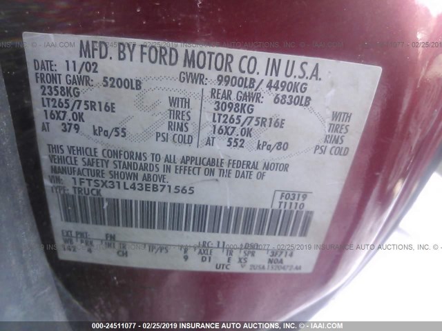 1FTSX31L43EB71565 - 2003 FORD F350 SRW SUPER DUTY RED photo 9