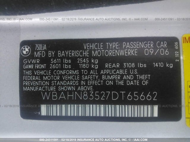 WBAHN83527DT65662 - 2007 BMW 750 SILVER photo 9