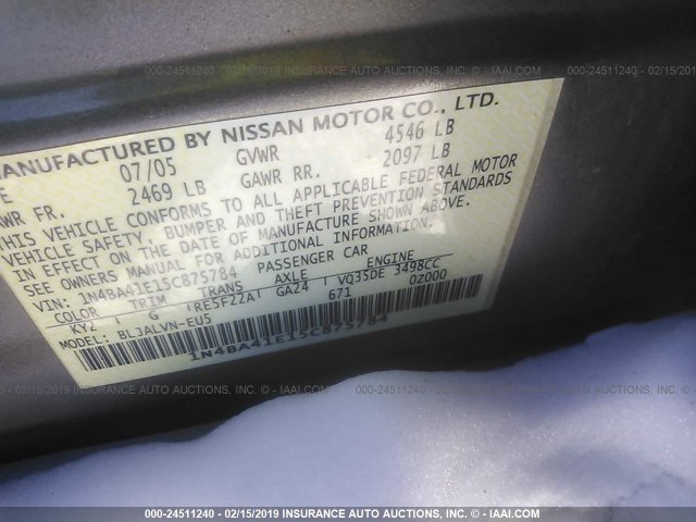 1N4BA41E15C875784 - 2005 NISSAN MAXIMA SE/SL GRAY photo 9