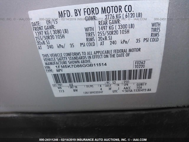 1FM5K7D86GGB11514 - 2016 FORD EXPLORER XLT SILVER photo 9