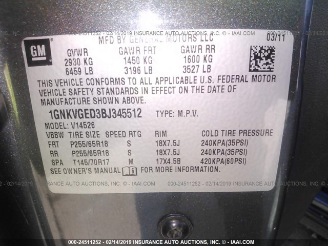 1GNKVGED3BJ345512 - 2011 CHEVROLET TRAVERSE LT GRAY photo 9