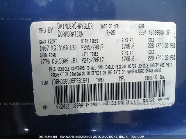 1D8HD58D95F581841 - 2005 DODGE DURANGO LIMITED BLUE photo 9