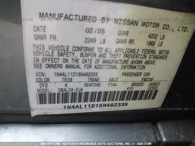 1N4AL11D15N482335 - 2005 NISSAN ALTIMA S/SL GREEN photo 9