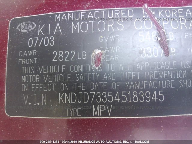 KNDJD733545183945 - 2004 KIA SORENTO EX/LX RED photo 9