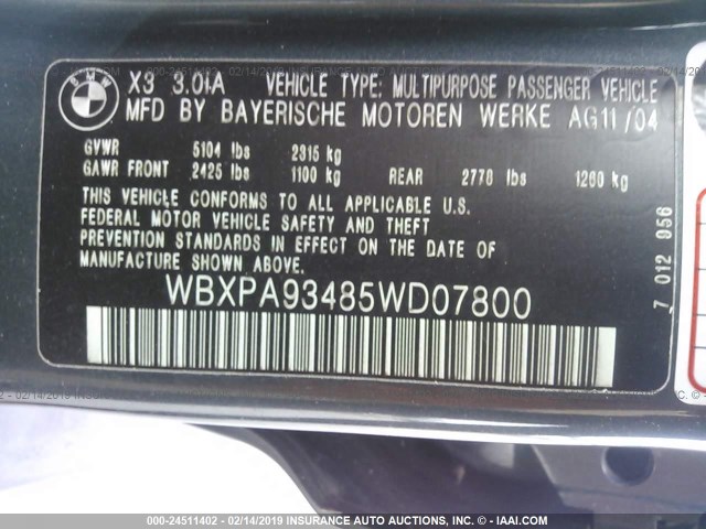 WBXPA93485WD07800 - 2005 BMW X3 3.0I GRAY photo 9