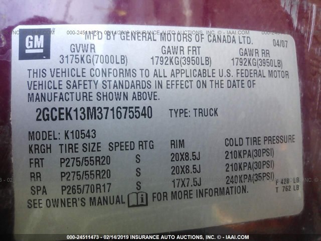 2GCEK13M371675540 - 2007 CHEVROLET SILVERADO K1500 CREW CAB MAROON photo 9