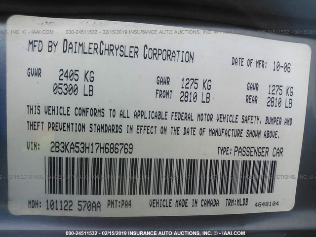 2B3KA53H17H686769 - 2007 DODGE CHARGER R/T GRAY photo 9