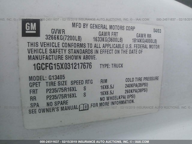 1GCFG15X031217676 - 2003 CHEVROLET EXPRESS G1500  WHITE photo 9