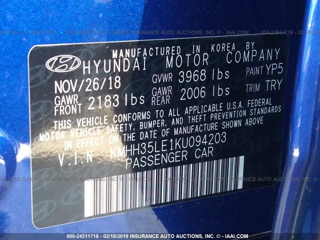 KMHH35LE1KU094203 - 2019 HYUNDAI ELANTRA BLUE photo 9