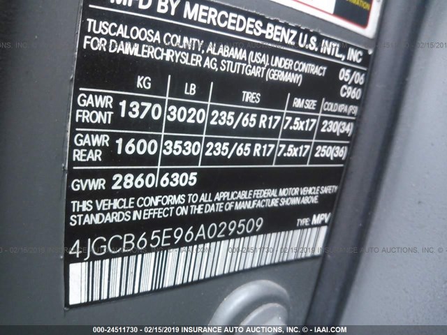 4JGCB65E96A029509 - 2006 MERCEDES-BENZ R 350 GRAY photo 9