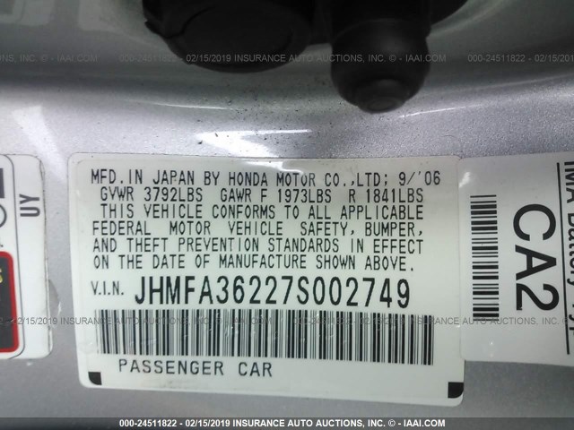 JHMFA36227S002749 - 2007 HONDA CIVIC HYBRID SILVER photo 9