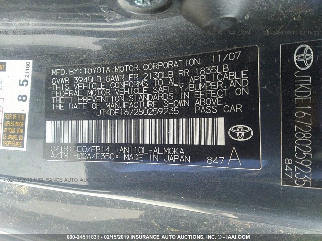 JTKDE167280259235 - 2008 TOYOTA SCION TC ნაცრისფერი ფოტო 9