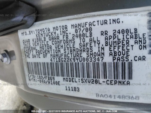 4T1BG22K9YU003347 - 2000 TOYOTA CAMRY CE/LE/XLE TAN photo 9