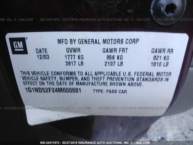 1G1ND52F24M600681 - 2004 CHEVROLET CLASSIC MAROON photo 9