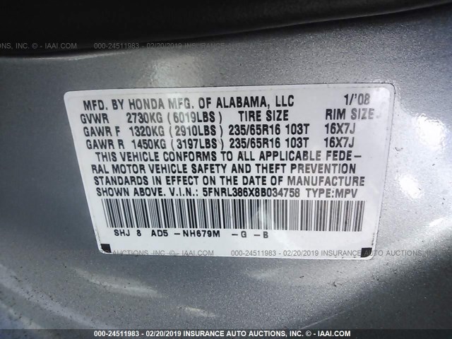 5FNRL386X8B034758 - 2008 HONDA ODYSSEY EXL SILVER photo 9