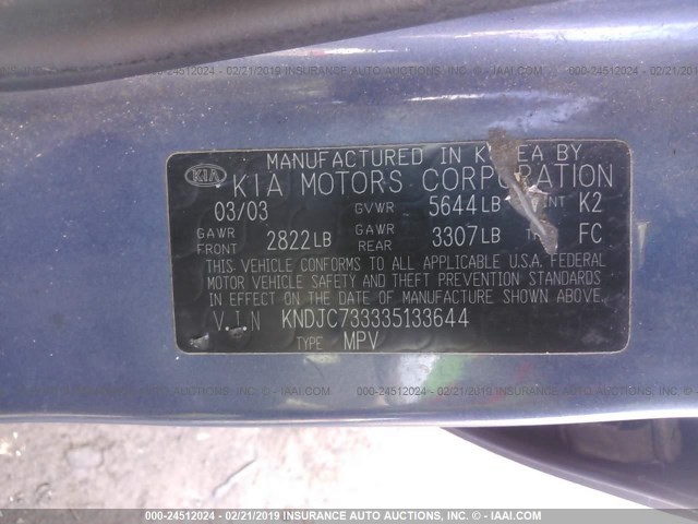 KNDJC733335133644 - 2003 KIA SORENTO EX/LX BLUE photo 9