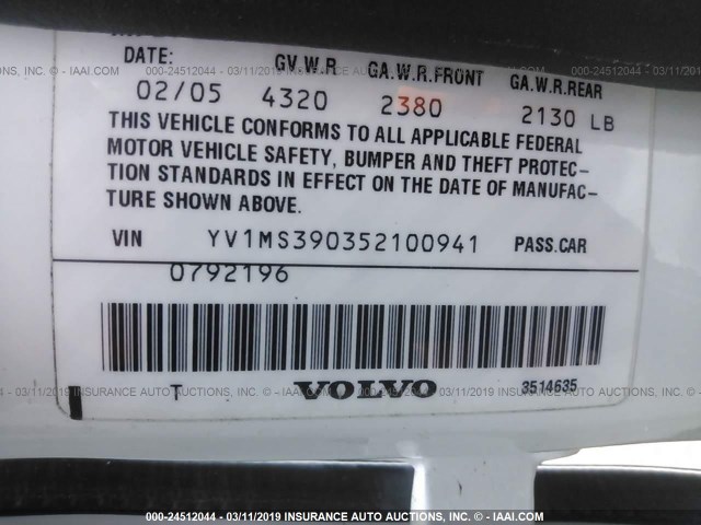 YV1MS390352100941 - 2005 VOLVO S40 2.4I WHITE photo 9