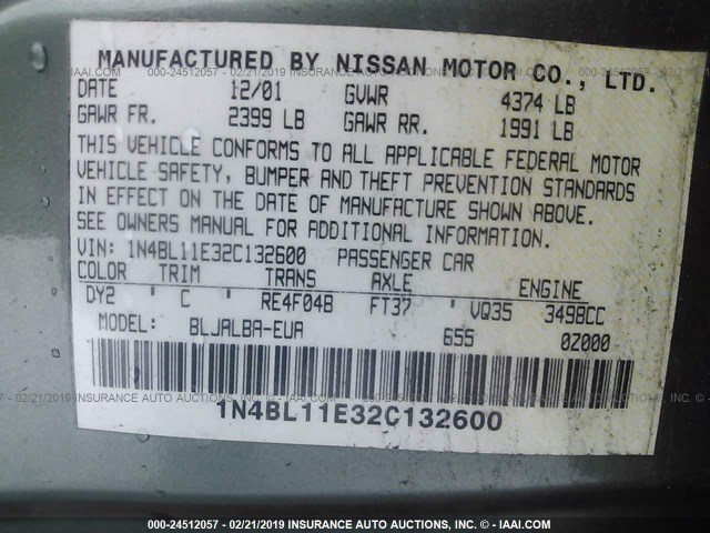 1N4BL11E32C132600 - 2002 NISSAN ALTIMA SE GREEN photo 9