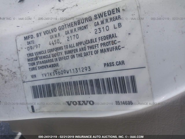 YV1KS9609W1131293 - 1998 VOLVO S90 WHITE photo 9