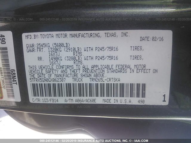 5TFRX5GN0GX062307 - 2016 TOYOTA TACOMA ACCESS CAB/SR/SR5 灰色 照片 9