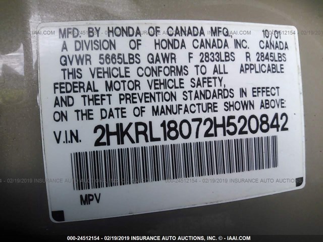 2HKRL18072H520842 - 2002 HONDA ODYSSEY EXL GOLD photo 9