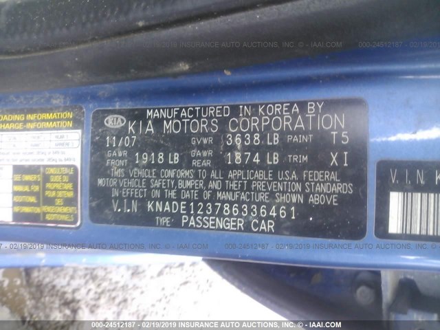 KNADE123786336461 - 2008 KIA RIO LX/SX BLUE photo 9