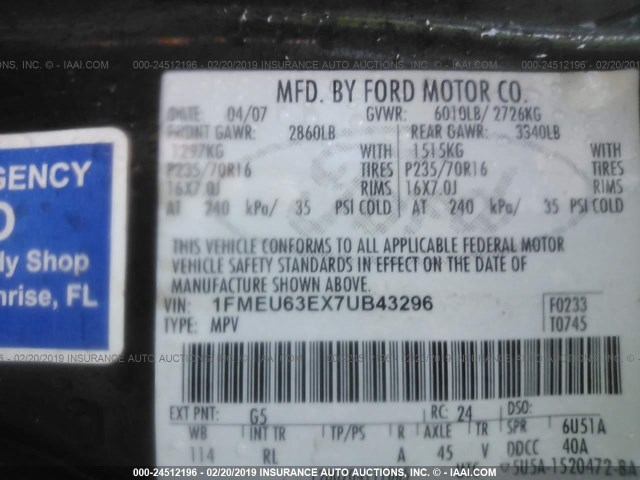 1FMEU63EX7UB43296 - 2007 FORD EXPLORER XLT BLACK photo 9