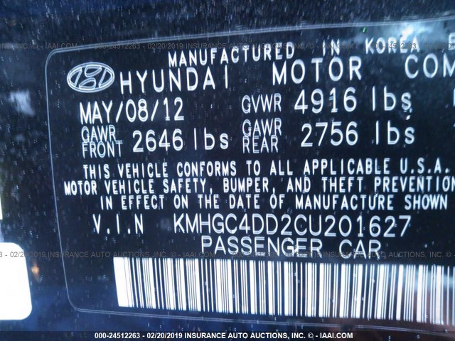 KMHGC4DD2CU201627 - 2012 HYUNDAI GENESIS 3.8L BLACK photo 9