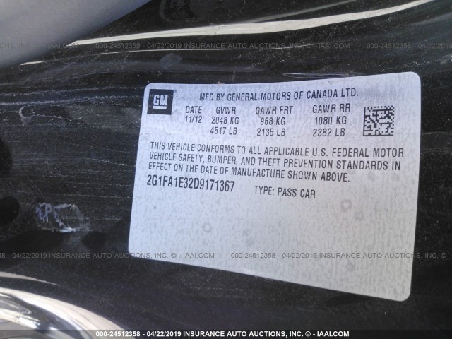 2G1FA1E32D9171367 - 2013 CHEVROLET CAMARO LS BLACK photo 9