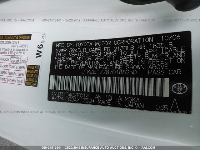 JTKDE177870188250 - 2007 TOYOTA SCION TC თეთრი ფოტო 9